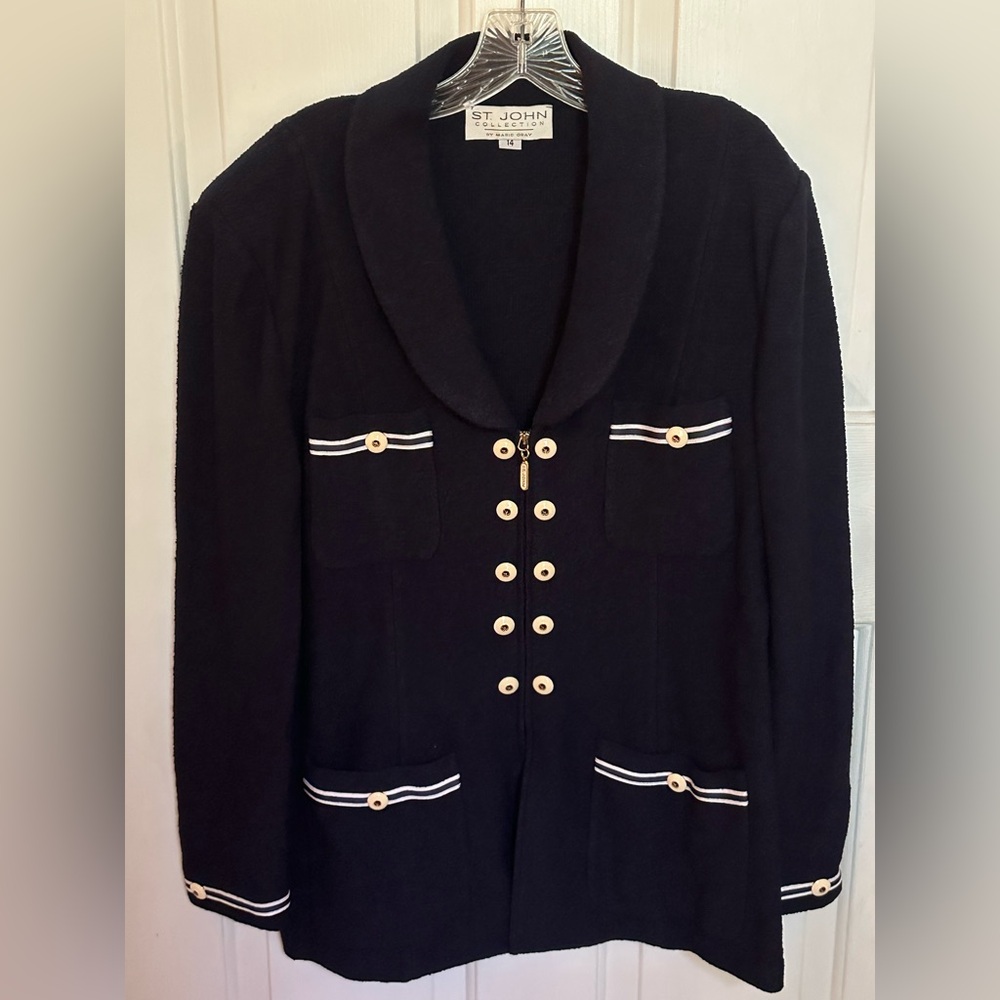 RARE St. John Military Navy Blue Jacket Blazer Santana Marie Gray Wool/Rayon 14